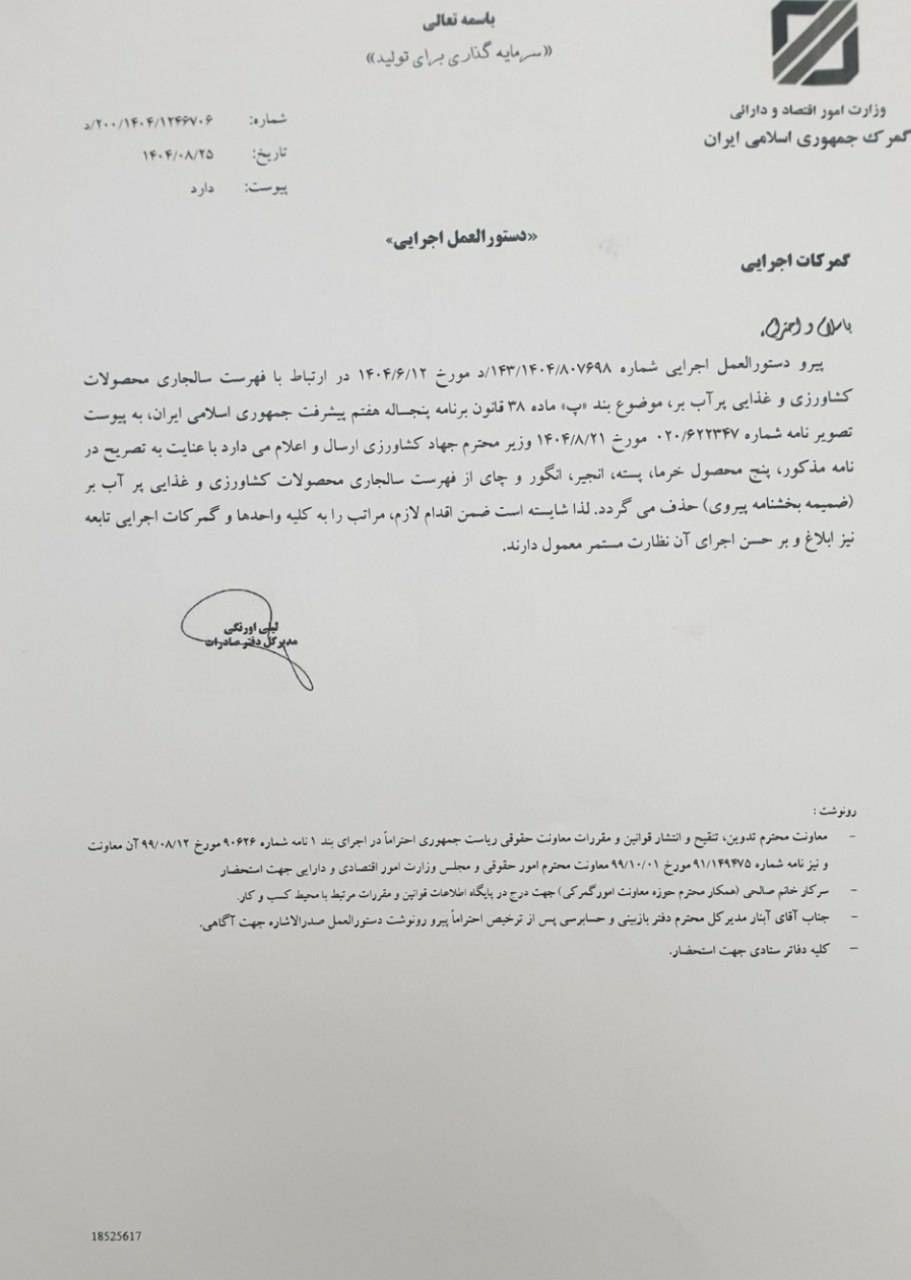 🔺حذف پنج محصول خرما، پسته، انجیر، انگور و چای از فهرست سالجاری کشاورزی و غذایی پرآب بر جهت صادرات